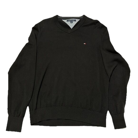 Tommy Hilfiger Sweater Pullover Mens Sz M Black V Neck Cotton Preppy Knit - Picture 1 of 8